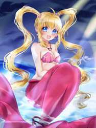  :d absurdres ahoge bare_shoulders blonde_hair blue_eyes breasts cleavage collarbone commentary curly_hair earrings female floating_hair full_body hair_ornament highres jewelry knee_up long_hair looking_at_viewer medium_breasts mermaid mermaid_melody_pichi_pichi_pitch monster_girl nanami_lucia nanami_lucia_(mermaid) necklace night ocean open_mouth outdoors shell shell_bikini shell_earrings shell_hair_ornament shell_necklace sidelocks signature sitting skindentation smile solo stomach tail tail_ornament tsukishiro_yayoi_(yumeir0) twintails very_long_hair 