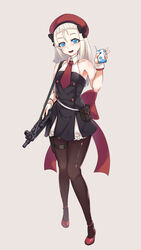  bare_shoulders beret black_bow black_dress black_pantyhose blue_eyes blush bow breasts cup dress female full_body girls&#039;_frontline gun h&amp;k_mp5 hairbow hat highres holding holding_cup holding_weapon jamgom long_hair looking_at_viewer milk mp5_(girls&#039;_frontline) necktie open_mouth pantyhose red_footwear red_necktie shoes simple_background small_breasts smile solo standing submachine_gun weapon white_hair 