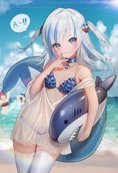  3girls a_(phrase) absurdres alternate_costume bare_shoulders beach bikini blue_bikini blue_choker blue_eyes blue_hair blue_nails blue_sky choker cloud cowboy_shot day fang_out fins fish_tail frilled_bikini frills gawr_gura gg_amang grey_hair hair_ornament hairclip highres hololive hololive_english houshou_marine inflatable_shark inflatable_toy innertube long_hair looking_at_viewer multicolored_hair multiple_girls ninomae_ina&#039;nis ocean oerba_yun_fang outdoors see-through shark_tail sky smile solo_focus speech_bubble streaked_hair swim_ring swimsuit tail thigh_gap thighhighs two-tone_hair two_side_up virtual_youtuber water white_thighhighs 