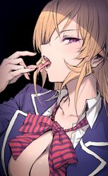  black_background blazer blonde_hair blue_jacket bow bowtie breasts cheese cleavage collarbone collared_shirt female food haoni highres jacket large_breasts long_hair looking_at_viewer looking_to_the_side nakiri_erina open_mouth partially_unbuttoned purple_eyes saliva shirt shokugeki_no_souma solo striped_bow striped_bowtie striped_clothes teeth tongue tongue_out tootsuki_saryou_ryouri_gakuen_uniform upper_body white_shirt 