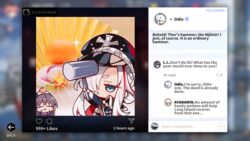  2girls anime_screenshot artist_request ayanami_(azur_lane) azur_lane black_hair black_headwear blue_eyes chibi coat crying food food_on_head fruit fruit_on_head grey_hair hair_over_one_eye hammer highres holding holding_hammer instagram long_island_(azur_lane) manjuu_(azur_lane) mochi multiple_girls object_on_head odin_(azur_lane) orange_(fruit) source_request upper_body 