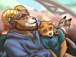  4:3 anthro beanie beard bovid canadian_lynx caprine carl_hendricks chase_hunter clothing echo_(game) echo_(series) echo_project facial_hair felid feline goatee group hat headgear headwear hi_res horn leaning lynx male mammal mustelid otter shibacream sleeping tj_hess 