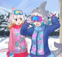  2girls blowhole blue_hair blue_jacket blue_neckwear blue_skirt blush cetacean_tail chinese_white_dolphin_(kemono_friends) common_bottlenose_dolphin_(kemono_friends) dolphin_girl dorsal_fin fins fish_tail gloves goggles goggles_on_head grey_hair highres jacket kemono_friends kemono_friends_3 long_sleeves matching_outfits multicolored_hair multiple_girls official_alternate_costume orange_hair outdoors pink_hair pink_jacket pleated_skirt red_neckwear red_skirt rumenia_(ao2is) scarf short_twintails skirt tail twintails white_hair winter_clothes 