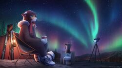  16:9 2021 absurd_res alex_marx anthro aurora_(phenomenon) chair clothed clothing coat container countershading cup detailed_background digital_media_(artwork) extinct fangs felid female footwear fully_clothed fur furniture green_eyes hi_res holding_container holding_cup holding_object light lighting mammal night orange_body orange_fur outside pantherine prehistoric_species red3engine saber-toothed_tiger sabertooth_(anatomy) shaded shoes signature sitting sky solo star starry_sky story story_at_source story_in_description teeth text tiger topwear url white_body white_fur widescreen 