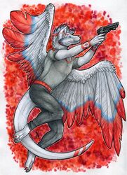  4_toes 5_fingers anthro canid canine feathered_wings feathers feet fingers gun hi_res hybrid male mammal natoli ranged_weapon red_nose solo toes weapon white_body white_feathers wings 