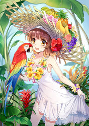  :d animal_on_arm arm_at_side banana bare_arms bird bird_on_arm blue_background blurry blurry_background branch breasts brown_hair brown_headwear chinese_commentary cleavage collarbone commentary_request contrapposto cowboy_shot doily dress facing_viewer female flower flower_bracelet flower_necklace food food_on_head fruit fruit_hat fruit_on_head grapes hair_flower hair_ornament hairband hat hat_flower hatoyama_itsuru hibiscus highres jewelry jungle lace lace-trimmed_headwear lace_trim leaf leaf_necklace legs_apart lei light_blush light_particles looking_to_the_side macaw mango medium_breasts medium_hair nature necklace object_on_head open_mouth original outdoors palm_leaf palm_tree parrot peach pineapple pink_flower plant plumeria purple_flower red_flower red_ginger_(flower) scarlet_macaw shade sideboob silhouette simple_background skirt_hold smile solo spaghetti_strap straw_hat sun_hat sundress teeth thighs tree upper_teeth_only wavy_hair white_dress white_hairband wrist_flower yellow_eyes yellow_flower 