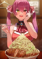  :d absurdres ascot bowl breasts brooch chopsticks cleavage clothes_hanger commentary_request cropped_jacket drooling female food hand_up happy heterochromia highres holding holding_chopsticks hololive houshou_marine houshou_marine_(1st_costume) indoors jacket jewelry jirou_(ramen) large_breasts leotard leotard_under_clothes long_hair looking_at_food meat no_eyepatch noodles open_mouth oruru63100814 pov_across_table ramen red_ascot red_eyes red_hair red_jacket restaurant saliva see-through see-through_cleavage sleeveless sleeveless_jacket smile solo steam table twintails virtual_youtuber yellow_eyes 