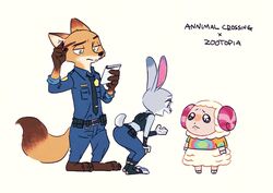  2020 animal_crossing anthro bibio bovid brown_body brown_fur canid canine caprine clothed clothing crossover disney dom_(animal_crossing) english_text fox fully_clothed fur grey_body grey_fur group hi_res judy_hopps lagomorph leporid mammal nick_wilde nintendo open_mouth open_smile rabbit red_fox sheep simple_background smile standing text true_fox zootopia 