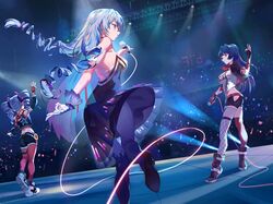  3girls asymmetrical_legwear bad_id bad_pixiv_id black_gloves black_jacket black_shorts bronya_zaychik bronya_zaychik_(dimension_breaker) concert dress drill_hair dubian_xiang fingerless_gloves fishnet_thighhighs fishnets full_body gloves grey_hair highres holding holding_microphone honkai_(series) honkai_impact_3rd jacket kiana_kaslana kiana_kaslana_(valkyrie_ranger) long_hair long_sleeves microphone mismatched_legwear multiple_girls pantyhose pink_legwear purple_eyes purple_hair raiden_mei raiden_mei_(shadow_dash) red_legwear shoes shorts sleeveless sleeveless_dress sneakers standing thighhighs truss twin_drills white_footwear white_hair 