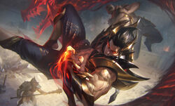  1boy abs absurdres arm_tattoo armor bad_source battle black_hair crop_top dragon flaming_hand gauntlets gloves glowing glowing_eyes grapple grappling_hook helmet highres league_of_legends leg_armor loincloth male_focus maze muscular muscular_male obsidian_dragon_sett official_art pants pectorals red_eyes scar scar_on_face sett_(league_of_legends) shoes shoulder_armor tattoo thick_arms veins veiny_arms weapon xiao-guang_sun 