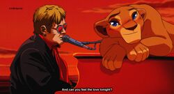  ahriman_(artist) blue_eyes disney duo electronics elton_john english_text eyewear felid female feral glasses hi_res human keyboard_instrument lion male mammal microphone musical_instrument nala_(the_lion_king) on_piano pantherine parody piano red_theme subtitled sunset text the_lion_king 