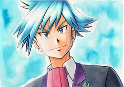  1boy bad_id bad_twitter_id black_jacket blue_background blue_eyes blue_hair closed_mouth collared_shirt commentary_request highres jacket male_focus necktie oka_mochi pokemon pokemon_oras shirt short_hair smile solo spiked_hair steven_stone traditional_media upper_body white_shirt 