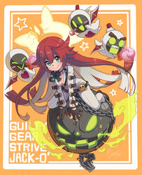  3others absurdres ankh ankh_necklace bad_id bad_pixiv_id ball_and_chain_restraint bat_wings bodysuit broken_halo chains female gloves green_eyes guilty_gear guilty_gear_strive halo highres jack-o&#039;-lantern jack-o&#039;_valentine knight_servant lancer_servant magician_servant multiple_others red_hair spiked_halo suesuguru white_bodysuit wings 