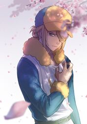  1boy belt blonde_hair blue_hat blue_jumpsuit blurry closed_mouth clutching_chest commentary_request falling_petals fur_trim ginkgo_guild_uniform grey_eyes hair_over_one_eye hand_up hat highres jumpsuit long_sleeves male_focus petals pokemon pokemon_legends:_arceus punico_(punico_poke) short_hair solo twitter_username volo_(pokemon) watermark yellow_hat 