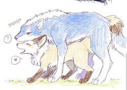  all_fours ambiguous_gender ambiguous_on_bottom ambiguous_on_top blue_body blue_fur canid canine canis colored_pencil_(artwork) countershading dated duo english_text feral fox fur heart_symbol hi_res mammal on_bottom on_top on_top_of open_mouth quadruped question_mark red_heart shiranui_(tsukune_minaga) simple_background smile tategami_(tsukune_minaga) text traditional_media_(artwork) tsukune_minaga wolf yellow_body yellow_fur 