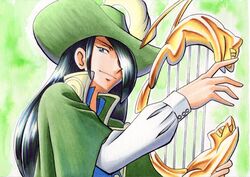  1boy bad_id bad_twitter_id black_hair blue_eyes blue_vest buttons cloak closed_mouth collared_shirt commentary_request eyelashes green_background green_cloak green_hat hand_up hat high_collar highres holding holding_instrument instrument long_hair long_sleeves looking_at_viewer male_focus nando_(pokemon) oka_mochi pokemon pokemon_(anime) pokemon_dppt_(anime) shirt smile solo traditional_media upper_body vest white_shirt 