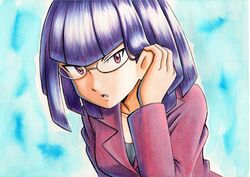  adjusting_hair bad_id bad_twitter_id black_shirt blue_background blunt_bangs collarbone commentary_request female glasses hair_behind_ear hand_up highres jacket long_sleeves matori_(pokemon) oka_mochi open_mouth pokemon pokemon_(anime) pokemon_xy_(anime) purple_eyes purple_hair purple_jacket shirt short_hair solo team_rocket tongue traditional_media 