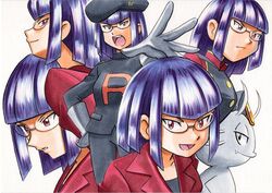  :d alolan_meowth bad_id bad_twitter_id black_headwear black_jacket black_pants black_shirt blunt_bangs buttons closed_mouth commentary_request fang_out female glasses gloves grey_gloves hand_on_own_hip hat highres jacket matori_(pokemon) multiple_views oerba_yun_fang oka_mochi open_mouth outstretched_arm pants parted_lips pokemon pokemon_(anime) pokemon_(creature) pokemon_dppt_(anime) pokemon_sm_(anime) pokemon_xy_(anime) purple_eyes purple_hair red_jacket shirt short_hair simple_background smile spread_fingers team_rocket team_rocket_uniform teeth tongue traditional_media upper_teeth_only white_background 