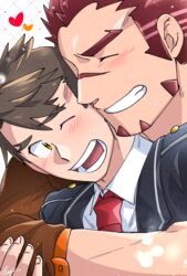  2boys akashi_(live_a_hero) arm_around_shoulder bara blush cheek-to-cheek couple facial_hair fujishima_kazuya goatee grin heads_together heart highres hug hug_from_behind live_a_hero long_sideburns male_focus male_protagonist_(live_a_hero) multiple_boys one_eye_closed red_hair short_hair sideburns smile thick_eyebrows upper_body yaoi 