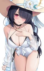  absurdres bikini black_bikini black_choker black_hair blue_archive braid braided_ponytail breasts casual_one-piece_swimsuit choker cleavage closed_mouth clothing_cutout collarbone commentary cowboy_shot criss-cross_halter double_bikini female flower hair_over_one_eye halo halterneck hand_up hat hat_flower highres hinata_(blue_archive) hinata_(swimsuit)_(blue_archive) korean_commentary large_breasts long_braid long_hair long_sleeves looking_at_viewer official_alternate_costume one-piece_swimsuit one_eye_covered red_eyes side_cutout simple_background smile solo sun_hat swimsuit thighs underline_(yuki154cm) white_background white_one-piece_swimsuit yellow_halo yellow_hat 