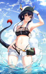  absurdres arknights arm_up armpits bare_arms bare_shoulders baseball_cap bikini black_bikini blue_hair blue_sky breasts ch&#039;en_(arknights) chromatic_aberration cloud commentary_request cowboy_shot day dragon_horns dragon_tail fall_(aki) female female_tourist_c_(arknights) hair_between_eyes hat highres horns horns_through_headwear korean_commentary long_hair looking_at_viewer medium_breasts navel official_alternate_costume open_fly outdoors pouch red_eyes short_shorts shorts sky solo standing stomach swimsuit tail thighs wading water white_shorts 