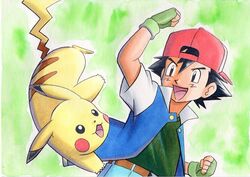  1boy :d backwards_hat bad_id bad_twitter_id baseball_cap belt belt_buckle black_eyes black_hair blue_pants brown_belt buckle commentary_request fingerless_gloves gloves green_background green_gloves green_shirt hat highres jacket male_focus oka_mochi open_mouth pants pikachu pokemon pokemon_(anime) pokemon_(classic_anime) pokemon_(creature) red_headwear satoshi_(pokemon) shirt short_hair short_sleeves smile spiked_hair tongue traditional_media 