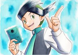  1boy bad_id bad_twitter_id black_hair blue_background buttons commentary_request green_eyes green_hair green_necktie half-closed_eyes hands_up highres holding long_sleeves male_focus multicolored_hair necktie oka_mochi open_mouth pokemon pokemon_dppt pokemon_platinum short_hair smile solo thorton_(pokemon) tongue traditional_media two-tone_hair upper_body 