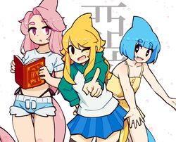  3girls apricot_(d-floe) bikini bikini_under_clothes black_bikini black_eyes blonde_hair blue_hair blue_shorts blue_skirt blunt_bangs camisole cetacean_tail cowboy_shot crop_top d-floe dolphin_girl fins fish_tail heart heart-shaped_pupils highres hood hoodie hyadain_no_kakakata_kataomoi_-_c lemon_(sheepiu) multiple_girls nichijou one_eye_closed original pink_camisole pink_eyes pink_hair pleated_skirt pointing pointing_at_viewer shark_girl shark_tail shirt shorts skirt swimsuit symbol-shaped_pupils tail tori_(lemyawn) white_shirt 