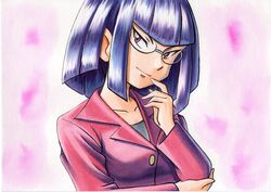  bad_id bad_twitter_id blunt_bangs buttons closed_mouth collarbone commentary_request female glasses grey_shirt hand_up highres jacket long_sleeves matori_(pokemon) medium_hair oka_mochi pink_background pokemon pokemon_(anime) pokemon_xy_(anime) purple_eyes purple_hair purple_jacket shirt smile solo traditional_media upper_body 