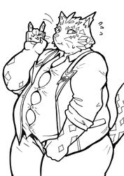  anthro belly button_(fastener) clothing dress_coat dress_pants dress_shirt felid hi_res kori-nio leopard lifewonders looking_at_viewer male mammal monochrome one_eye_closed ose_(tas) overweight overweight_male pantherine shirt smile solo straining_buttons tearing_topwear tokyo_afterschool_summoners topwear weight_gain wink winking_at_viewer 