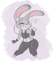  2017 anthro bottomwear brachyzoid closed_eyes clothed clothing crop_top dancing digital_media_(artwork) disney earbuds electronics female fully_clothed fur grey_body grey_fur headphones judy_hopps lagomorph leporid mammal midriff musical_note pants rabbit shirt simple_background smile solo thick_thighs topwear wide_hipped_female wide_hips yoga_pants zootopia 