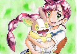  :d backpack bad_id bad_twitter_id bag braid braided_ponytail brown_bag chloe_(pokemon) collared_dress commentary dress eyelashes female green_eyes highres holding holding_pokemon long_hair oka_mochi open_mouth pokemon pokemon_(anime) pokemon_(creature) pokemon_journeys school_uniform short_sleeves smile tongue traditional_media white_dress yamper 