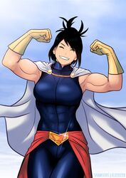  abs biceps black_hair bodysuit boku_no_hero_academia cape closed_eyes cloud collarbone commission edited elee0228 female flexing gloves highres muscle muscular_female pose red_gloves shamserg shimura_nana short_hair sky smile solo teeth third-party_edit tight watermark white_cape 