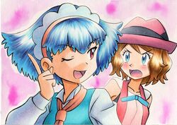  2girls ;d ascot bad_id bad_twitter_id bare_arms blue_eyes blue_hair blue_ribbon blush brown_hair collarbone collared_shirt commentary_request eyelashes hairband hand_up hat headdress highres index_finger_raised long_sleeves miette_(pokemon) multiple_girls neck_ribbon necktie oka_mochi one_eye_closed open_mouth orange_hairband orange_necktie pink_background pokemon pokemon_(anime) pokemon_xy_(anime) purple_eyes purple_headwear ribbon serena_(pokemon) shirt short_hair sleeveless smile tongue traditional_media vest 