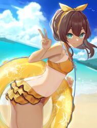  :3 absurdres ass bare_shoulders beach bikini blush breasts bright_pupils brown_hair closed_mouth cloud cowboy_shot day female from_side green_eyes hair_ribbon highres hitachi_sou hololive innertube layered_bikini leaning_forward long_hair looking_at_viewer looking_to_the_side natsuiro_matsuri ocean one-piece_tan orange_bikini outdoors ponytail ribbon small_breasts smile swim_ring swimsuit tan tanlines v virtual_youtuber yellow_ribbon 