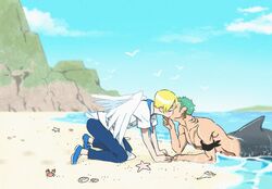  2boys beach bird blonde_hair blush commentary crab curly_eyebrows feathered_wings green_hair hair_over_one_eye kissing long_sideburns male_focus merman monster_boy monsterification mountain multiple_boys one_piece outdoors roronoa_zoro sand sanji_(one_piece) scar scar_across_eye shark_boy shell short_hair sideburns sky starfish taro_(honyarara00) toned toned_male water wings yaoi 