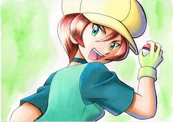  :d bad_id bad_twitter_id brown_hair choker commentary_request female georgia_(pokemon) green_background green_choker green_shirt green_vest hair_between_eyes hand_up hat highres holding holding_poke_ball oka_mochi open_mouth poke_ball poke_ball_(basic) pokemon pokemon_(anime) pokemon_bw_(anime) shirt short_hair short_sleeves smile solo teeth tongue traditional_media upper_body upper_teeth_only vest yellow_hat 