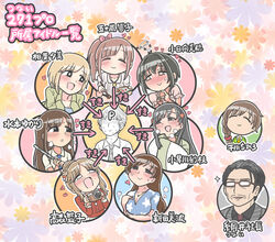  2boys ahoge aiba_yumi arrow_(symbol) artist_self-insert black_hair black_suit blue_neckwear blue_shirt blush braid brown_hair camera character_name closed_eyes floral_background formal glasses green_shirt hair_ornament heart highres idolmaster idolmaster_cinderella_girls igarashi_kyoko japanese_clothes kimono kobayakawa_sae kohinata_miho long_hair mizumoto_yukari multiple_boys multiple_girls nitta_minami original producer_(idolmaster) senkawa_chihiro shirt short_hair side_ponytail smile steam_from_mouth suit takamori_aiko translated tsunamayo 