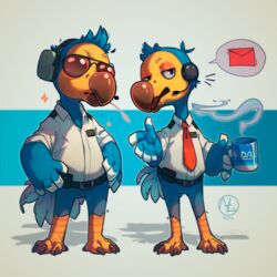  1:1 2020 animal_crossing anthro avian beak belt biped bird brother_(lore) clothing columbid container cup dodo duo electronics extinct eyewear headphones maaty-s male necktie nintendo orville_(animal_crossing) pictographics recently_extinct_species sibling_(lore) simple_background speech_bubble sunglasses wilbur_(animal_crossing) 