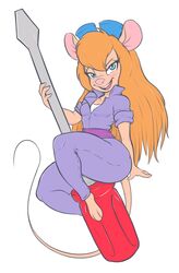  2019 3_toes anthro barefoot belt big_ears biped blonde_hair blue_eyes blush brachyzoid breasts chip_&#039;n_dale_rescue_rangers cleavage clothed clothing coveralls digital_media_(artwork) disney eyebrows eyelashes eyewear eyewear_on_head feet female fully_clothed fur gadget_hackwrench goggles goggles_on_head hair jumpsuit long_hair looking_at_viewer mammal mouse murid murine open_mouth open_smile pink_nose purple_coveralls rodent screwdriver simple_background smile solo tail tan_body tan_fur teeth thin_tail toes tools white_background 