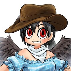  bandana bare_shoulders black_hair black_wings blue_shirt brown_hat chamaji commentary cowboy_hat feathered_wings female hair_between_eyes hat kurokoma_saki looking_at_viewer lowres off-shoulder_shirt off_shoulder ponytail profile_picture red_eyes shirt short_sleeves signature smile solo touhou upper_body white_background wings 