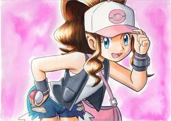  :d bad_id bad_twitter_id baseball_cap black_vest blue_eyes brown_hair commentary_request cowboy_shot denim denim_shorts eyelashes female hand_on_headwear hand_up hat high_ponytail hilda_(pokemon) holding holding_poke_ball leaning_forward long_hair oka_mochi open_mouth pink_background poke_ball poke_ball_(basic) pokemon pokemon_bw shirt short_shorts shorts sidelocks sleeveless sleeveless_shirt smile solo tongue traditional_media vest white_shirt wristband 