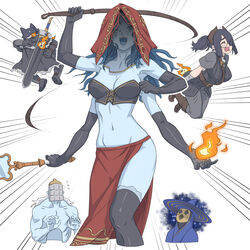  2girls 3boys alternate_costume bare_shoulders black_cape black_footwear black_gloves black_hair black_thighhighs blaidd_the_half-wolf blue_eyes blue_hair blue_headwear blue_robe blue_skin blush boots breasts cape chibi cleavage closed_eyes colored_skin commentary_request company_connection cosplay crossover dark_souls_(series) dark_souls_ii desert_sorceress desert_sorceress_(cosplay) elbow_gloves elden_ring extra_arms facial_tattoo fire flying_sweatdrops from_software furry furry_male glasses gloves greatsword grey_pants hair_ornament hat holding holding_weapon holding_whip hood hood_up indie_virtual_youtuber itou_life_(vtuber) kuroi_yasu long_hair looking_at_viewer magic mask masked medium_breasts multiple_boys multiple_girls navel one_eye_closed open_mouth pants preceptor_seluvis ranni_the_witch red_skirt revealing_clothes robe shaded_face short_sleeves side_slit skirt stomach strapless sweat sword tarnished_(elden_ring) tattoo thighhighs tongue topless_male tube_top upper_body virtual_youtuber war_counselor_iji weapon whip white_background white_hair witch_hat wolf_boy wolf_head 