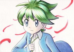  1boy bad_id bad_twitter_id blue_jacket closed_mouth collared_shirt commentary_request frown green_hair grey_eyes highres holding jacket long_sleeves looking_at_viewer male_focus oka_mochi pale_skin pokemon pokemon_oras shirt short_hair sleeves_past_wrists solo traditional_media wally_(pokemon) white_background white_shirt 