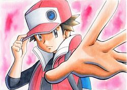  1boy backpack bad_id bad_twitter_id badge bag baseball_cap black_shirt blue_bag closed_mouth coat commentary_request frown hand_on_headwear hat highres looking_to_the_side male_focus oka_mochi outstretched_arm pink_background pokemon pokemon_masters_ex red_(pokemon) red_(sygna_suit)_(pokemon) shirt short_hair sleeveless sleeveless_coat solo spiked_hair spread_fingers traditional_media upper_body 