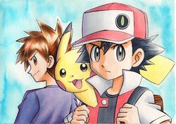  2boys backpack bad_id bad_twitter_id bag baseball_cap black_hair black_shirt blue_background blue_oak brown_bag brown_eyes brown_hair closed_mouth commentary_request hands_up hat highres holding_strap jacket looking_at_viewer looking_back male_focus multiple_boys oka_mochi on_shoulder pikachu pokemon pokemon_(creature) pokemon_on_shoulder pokemon_rgby purple_shirt red_(pokemon) red_jacket shirt short_hair short_sleeves smile spiked_hair traditional_media 