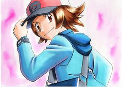  1boy bad_id bad_twitter_id baseball_cap blue_jacket bracelet brown_eyes brown_hair closed_mouth commentary hand_on_headwear hat highres hilbert_(pokemon) hood hooded_jacket jacket jewelry long_sleeves looking_back male_focus oka_mochi pink_background poke_ball_print pokemon pokemon_bw red_hat short_hair smile solo traditional_media upper_body 