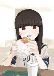  4me_4ma absurdres black_hair blue_sailor_collar blunt_bangs brown_eyes burger collared_shirt cup disposable_cup drink drinking_straw female food hatsuyuki_(kancolle) highres hime_cut kantai_collection long_hair looking_at_viewer neckerchief open_mouth sailor_collar school_uniform serafuku shirt solo 