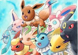  :d bad_id bad_twitter_id blue_background blue_eyes commentary_request eevee espeon evolutionary_line fangs flareon glaceon jolteon jumping leafeon no_humans oka_mochi open_mouth pokemon pokemon_(creature) prehensile_ribbon smile sylveon toes tongue traditional_media umbreon vaporeon 