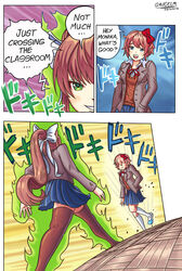  2018 aura blazer blue_background blue_eyes blue_skirt blush bow breasts brown_hair collared_shirt commentary doki_doki_literature_club english_text evil_grin evil_smile feet_out_of_frame gaucelm green_eyes grey_jacket grin hairbow highres jacket jojo_no_kimyou_na_bouken jojo_pose long_hair medium_breasts meme miniskirt monika_(doki_doki_literature_club) multiple_girls neck_ribbon oh?_you&#039;re_approaching_me?_(meme) open_mouth parody photoshop_(medium) pink_hair ponytail pose purple_background red_bow ribbon sayori_(doki_doki_literature_club) school_uniform shirt shoes short_hair signature skirt smile sound_effects stardust_crusaders thighhighs tile_floor tiles upper_body very_long_hair walking white_bow white_legwear white_ribbon yellow_background zettai_ryouiki 